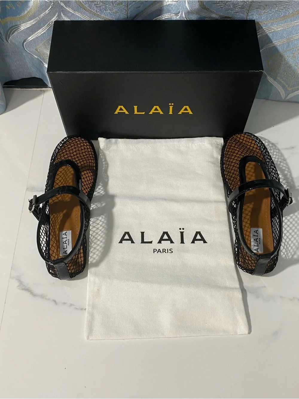 Alaia Black Mesh Mary Jane Flats with Patent Strap